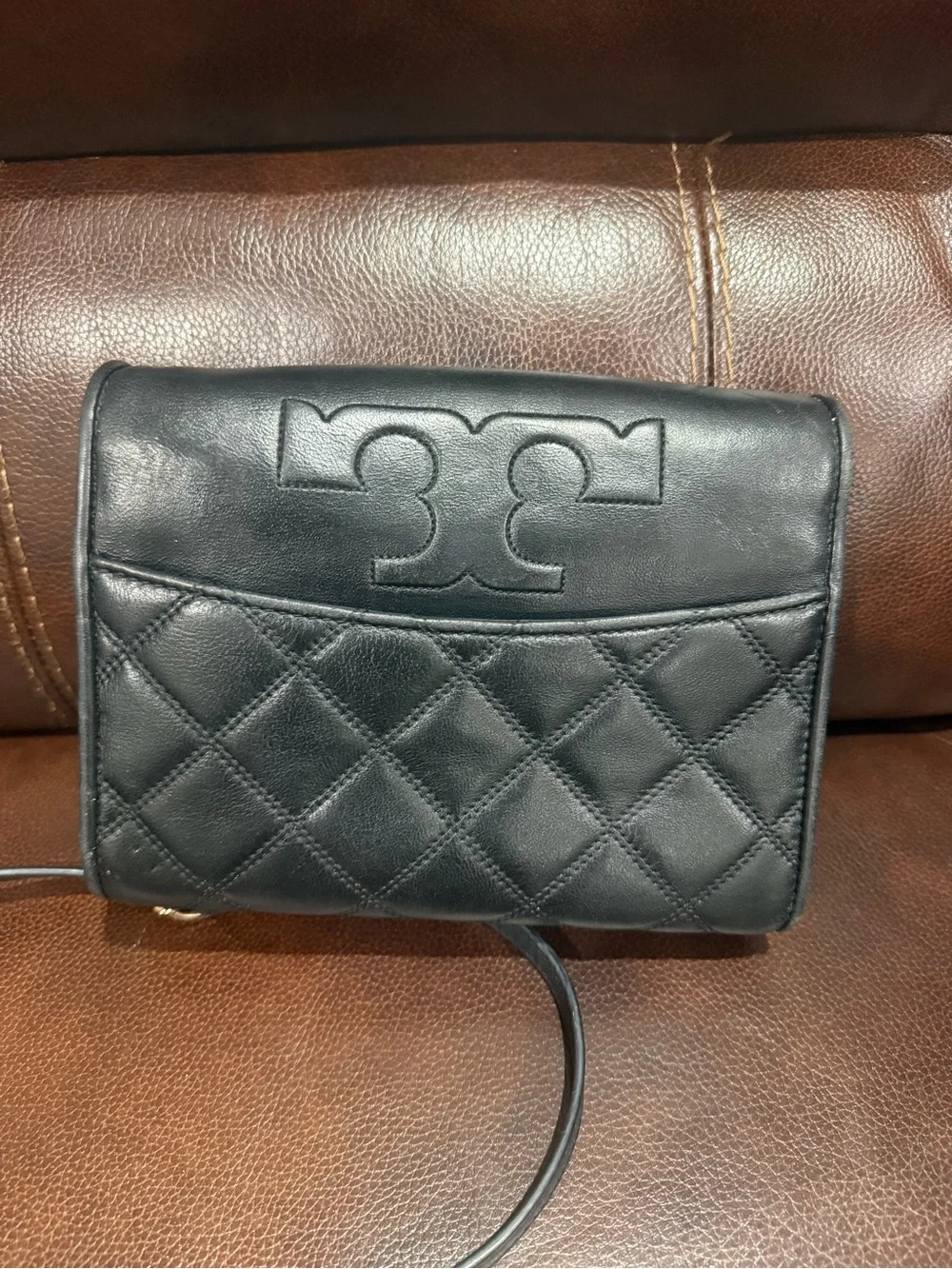 Tory Burch Black Quilted Leather Crossbody with Logo Detail